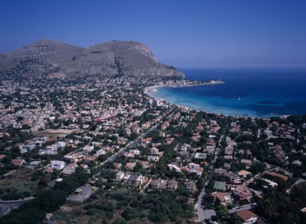 ITALY, Sicily, Palermo, "Aerial view of the coastal town of Mondello, North of Mount Pellegrino and