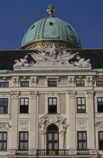 AUSTRIA, Vienna, Winter Palace.  Part view of exterior with copper and gold domed roof.