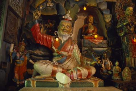 INDIA, West Bengal, Kalimpong, "Interior of the Zong Dog Palri Fobrang Monastery. Statues of