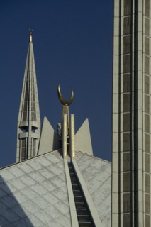 PAKISTAN, Islamabad, "Detail of the Shah Faisal mosque, white rooftop, minarets and crescent moon