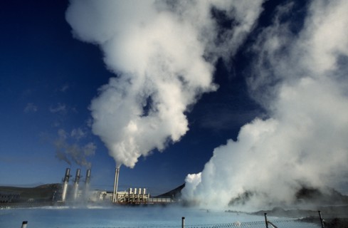 ICELAND, Gullbringu, Reykjanes, Svartsengi geothermal power plant and Blue Lagoon.  Water is