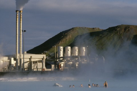 ICELAND, Gullbringu, Reykjanes, Svartsengi geothermal power plant and Blue Lagoon.  Water is
