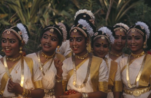 INDIA, Kerala, Thiruvananthapuram, "Mohiniyattam dancers at The Great Elephant March festival. A