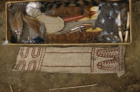 COLOMBIA, Vaupes Region, Tukano Tribe, Sacred box of feather head-dresses – macaw (red) royal crane