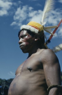COLOMBIA, Vaupes Region, Tukano Tribe, "Man with ceremonial feather head-dress – crown of white
