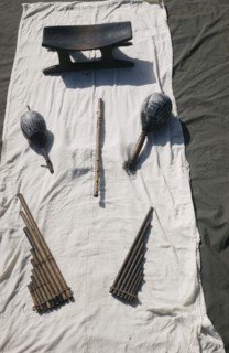 COLOMBIA, Vaupes Region, Tukano Tribe, "Tukano musical instruments with a stool used by tribal