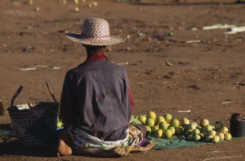 MADAGASCAR, Ambalavao, Woman sat on ground with her back facing the lens wearing straw hat and