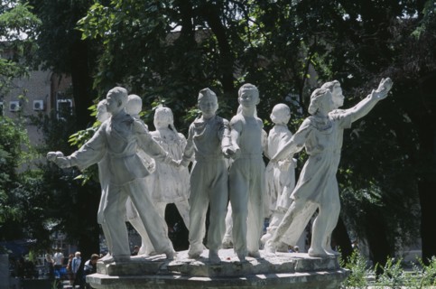 UKRAINE, Dnepropetrovsk, "Soviet era fountain of children leaning out from a circle, holding hands