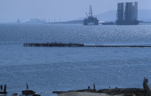 AZERBAIJAN, Baky, An oil plantation in the Caspian Sea.