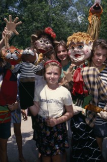 RUSSIA , Children, Kids with puppets at summer camp. The camp is a former prison.