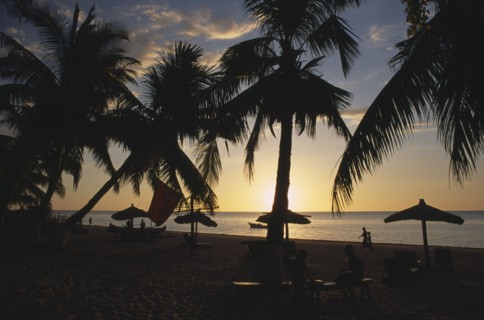 MADAGASCAR, Tulear, Ifaty Beach at sunset with view through palm trees and straw sun shades towards
