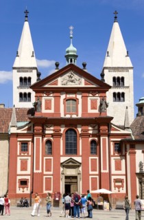 CZECH REPUBLIC, Bohemia, Prague, The facade and towers of St George Basilica within Prague Castle