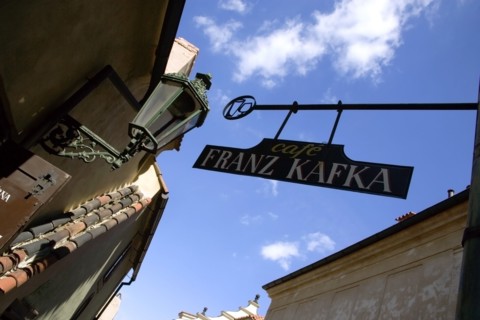 CZECH REPUBLIC, Bohemia, Prague, Hanging sign for the Franz Kafka Cafe in Golden Lane within Prague