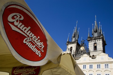 CZECH REPUBLIC, Bohemia, Prague, Restaurant umbrellas advertising the original Czech Budweiser