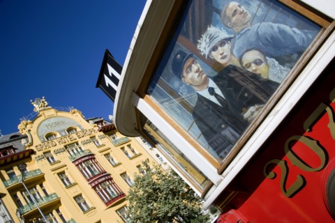 CZECH REPUBLIC, Bohemia, Prague, The 1906 Art Nouveau Hotel Europa in Wenceslas Square with a
