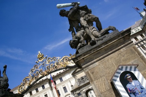 CZECH REPUBLIC, Bohemia, Prague, The entrance to Prague Castle in Hradcany with a sentry standing
