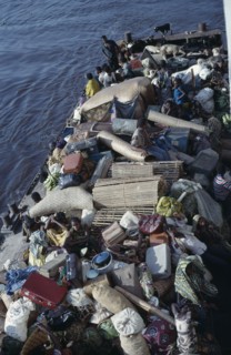 CONGO, Transport, Heavily loaded river boat on the River Congo from Kinshasa to Kisangani.