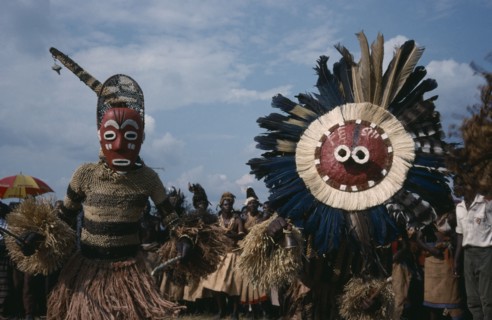 CONGO, Gungu, Bapende tribe masked dancers at Gungu festival.