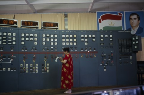 TAJIKISTAN, Nurek, "The main hall of the hydroelectric power station, a woman taking readings from