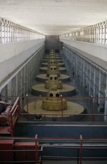 TAJIKISTAN, Nurek, Nine large turbines inside the hydroelectric power station.