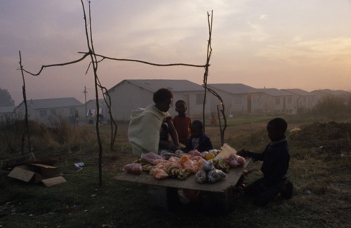 SOUTH AFRICA, Eastern Cape, Port Elizabeth, Women and children selling fruit from makeshift stall