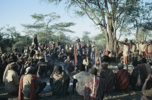 UGANDA, Karamoja District, "Dodoth  Karamojong warriors and elders at meeting to discuss potential