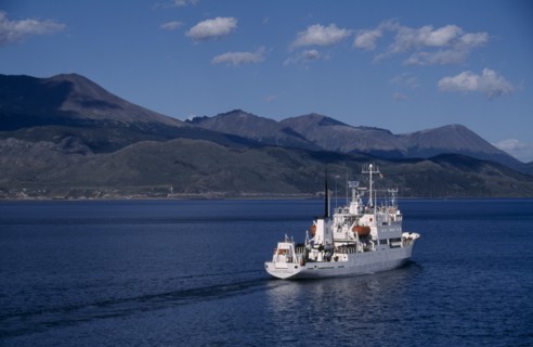 ARGENTINA, Tierra del Fuego, Ushuaia, Beagle Channel. Russian cruise ship called Multanovskiy