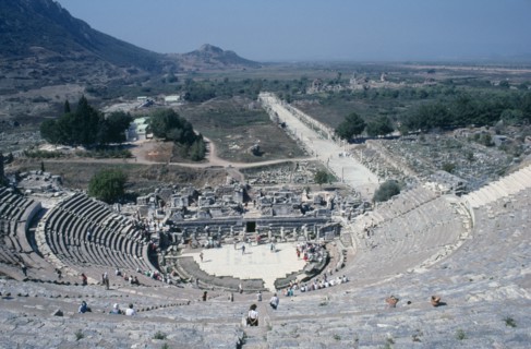 TURKEY, Aegean Coast, Ephesus, View over Theatre and Arcadian or Harbour Street with visitors