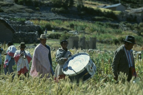 BOLIVIA, La Paz, Lake Titicaca, Musicians taking part in Harvest Festival on Island of Sun.