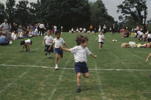 ENGLAND, Sport, Five year olds taking part in running race during school sports day.