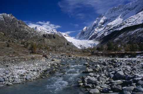SWITZERLAND, Wallis, Lotschental, The river Lonza starting as glacier meltwater near the head of