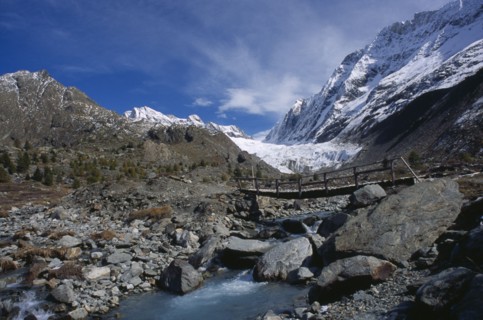 SWITZERLAND, Wallis, Lotschental, "An old foot bridge over the Lonza river, near the head of the