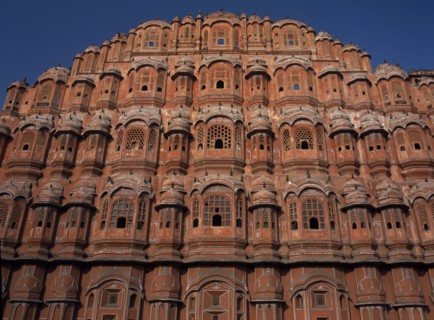 INDIA, Rajasthan, Jaipur, "Hawa Mahal. Exterior of pyramid shaped structure made of sandstone which