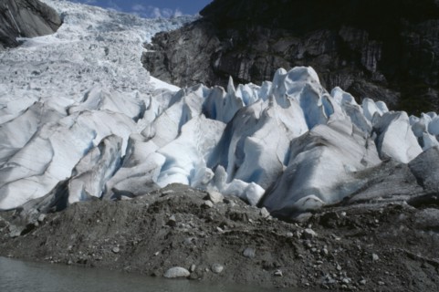 NORWAY, Nordfjord, Olden, Briksdal Glacier and moraine deposit.