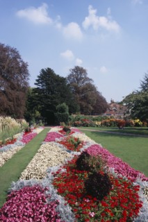 ENGLAND, East Sussex, Lewes, Southover Grange Gardens. Colourful flower bed displays