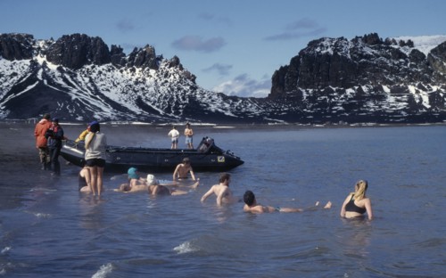 ANTARCTICA, Peninsula Region, Deception Island, Tourists swimming in geothermally heated water