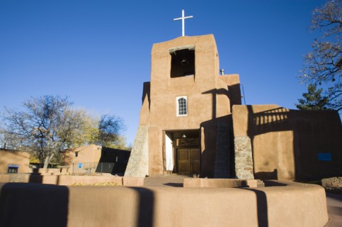 USA, New Mexico, Santa Fe, The San Miguel Mission church built in the adobe style