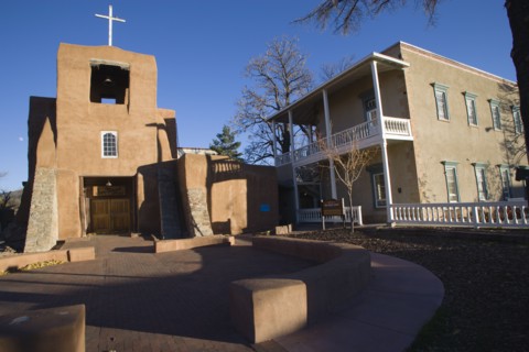 USA, New Mexico, Santa Fe, The San Miguel Mission church built in the adobe style