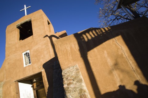 USA, New Mexico, Santa Fe, The San Miguel Mission church built in the adobe style