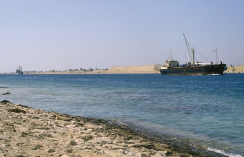 EGYPT, Transport, Container ship on the Suez Canal.