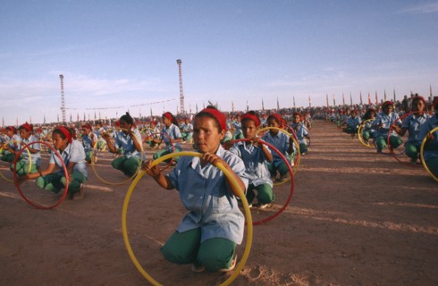 WESTERN SAHARA, SADR, "Parade of children with coloured hoops celebrating anniversary of the
