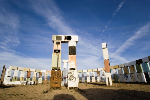 USA, New Mexico, Santa Fe, Stonefridge a life sized replica of Stonehenge made out of recycled