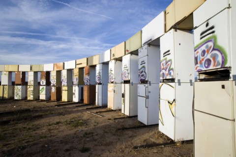 USA, New Mexico, Santa Fe, Stonefridge a life sized replica of Stonehenge made out of recycled