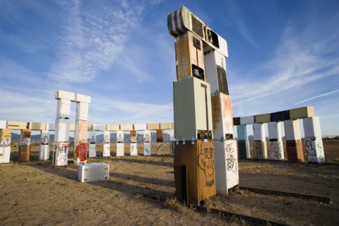 USA, New Mexico, Santa Fe, Stonefridge a life sized replica of Stonehenge made out of recycled