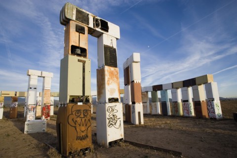 USA, New Mexico, Santa Fe, Stonefridge a life sized replica of Stonehenge made out of recycled
