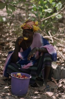 GAMBIA, People, Women, Woman sat  with bucket eating cashew fruit