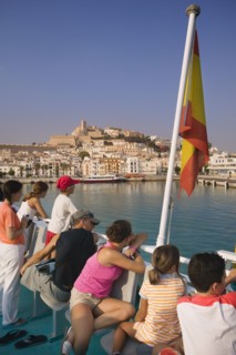 SPAIN, Balearic Islands, Ibiza, "Passengers on board a ferry leaving Eivissa for Formentera,