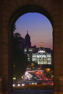 SPAIN, Madrid, "Night time view along Calle de Alcala towards the Gran Via from the Puerta de