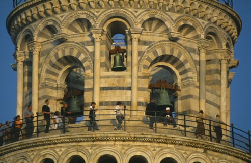 ITALY, Tuscany, Pisa, Campanile or Leaning Tower of Pisa.  Detail of top level and bells with