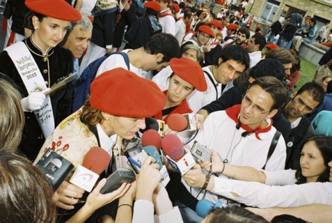 SPAIN, Hondarabia, The Basque Country, Basque sufragette leader is interviewed by local Basque